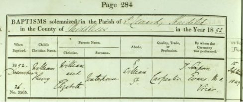 Baptism Record for William Henry Waterhouse 1852